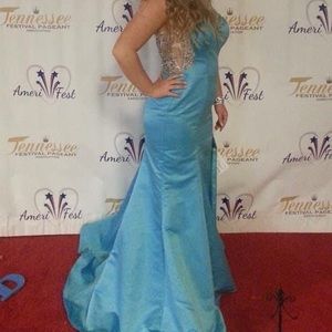 Baby blue satin rhinestone full length gown